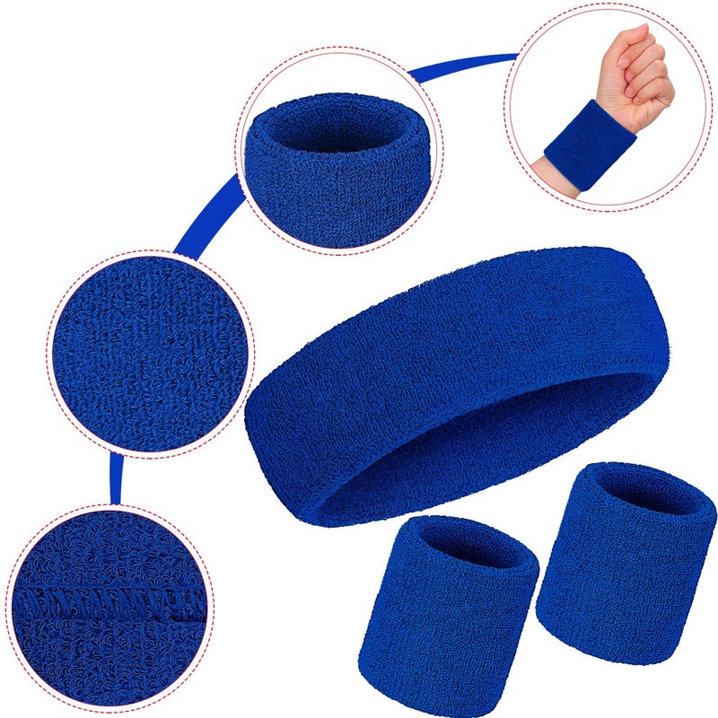 Bememo Striped Sweatbands Set - 2 Sports Headbands and 4 Wristbands for Men and Women (Blue, 6 Pieces) - Image 2